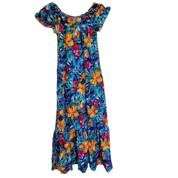 Hawaiian Original Vibrant Blue Floral Print Cotton Hawaiian Maxi Dress - Picture 1 of 7